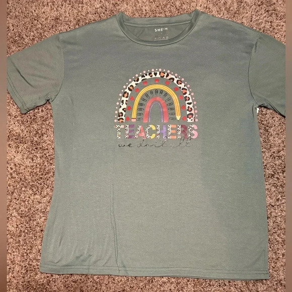 Teacher graphic rainbow tshirt with cheetah letters -New - Picture 1 of 7